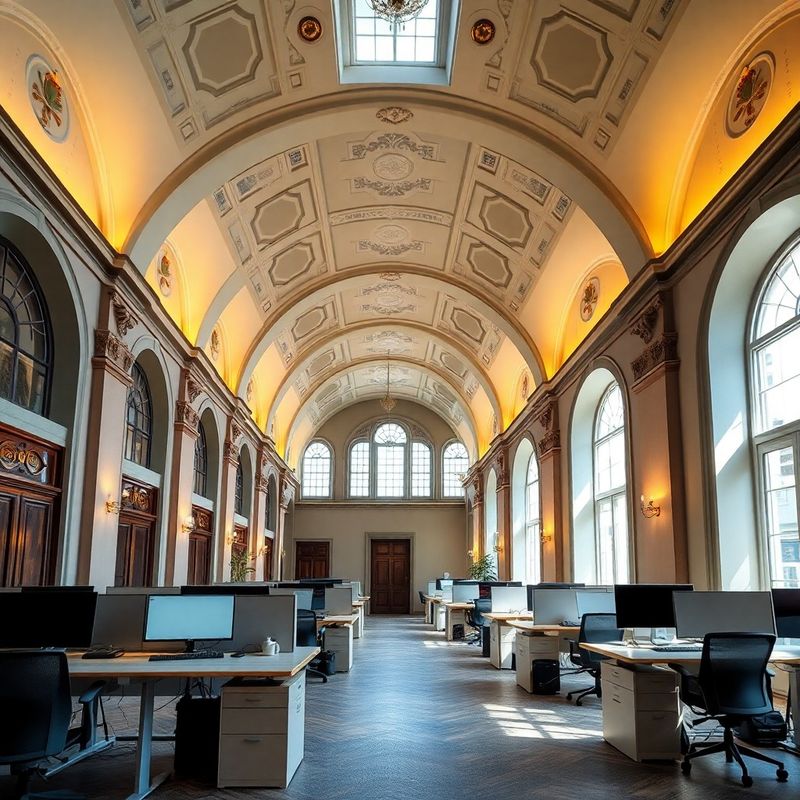 Historický interiér kancelárie Štúdia Tóth v Trnave s klenbami a modernými pracovnými stanicami