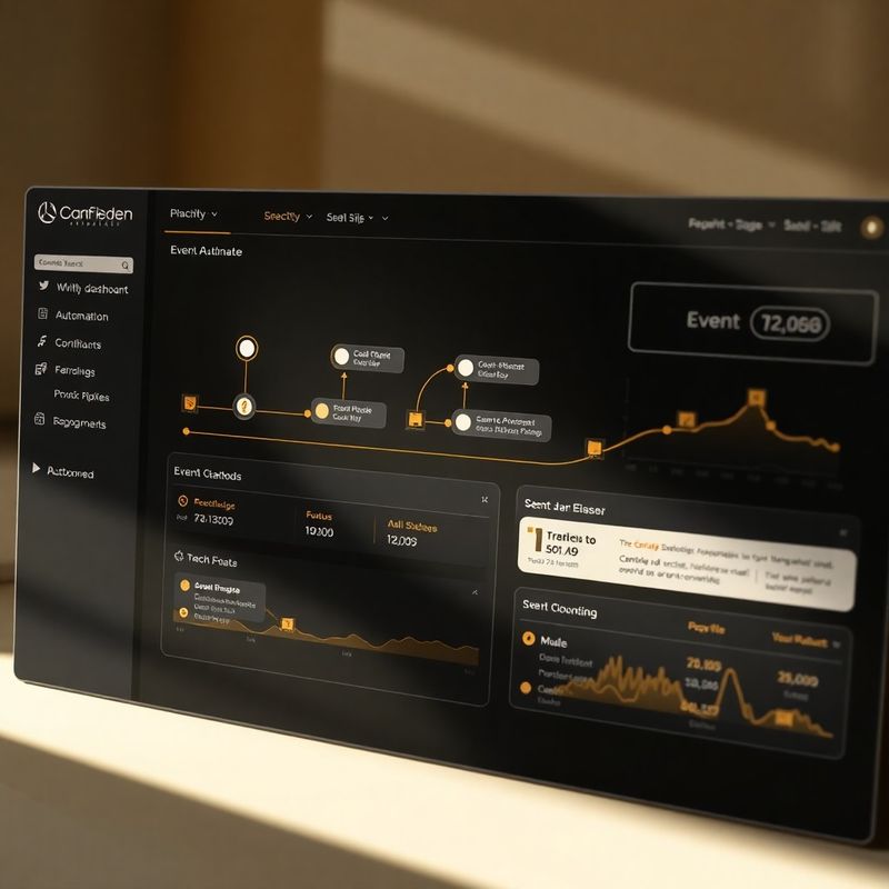 Tmavý dashboard platformy FlowCore so zlatými prepojeniami medzi uzlami pipeline